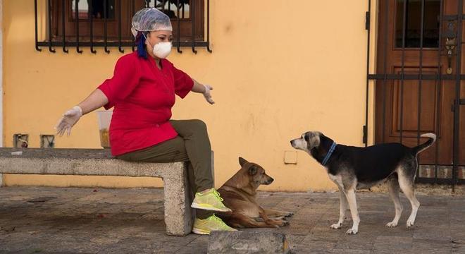 Mulher brinca com cachorros na República Dominicana usando máscara e luvas
