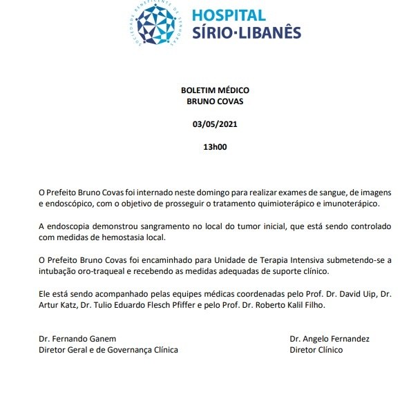 Internado com câncer, Bruno Covas é transferido para UTI e ...