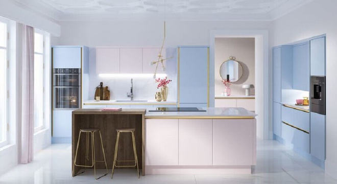 cozinha grande decorada em tons pasteis