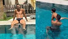 Cristiano Ronaldo curte piscina com a família e ensina filho a nadar de maneira inusitada; assista