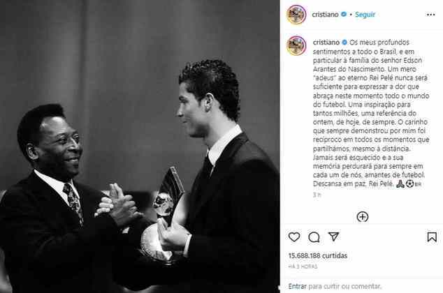 Cristiano Ronaldo também prestou homenagens em sua rede social, dizendo que Pelé era 'uma inspiração para tantos milhões (de pessoas)'. 