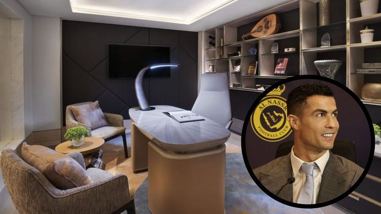 A suíte disponibiliza diversos ambientes, como sala de jantar, escritório, cozinha, sala de televisão e uma sala de estar com pé-direito alto