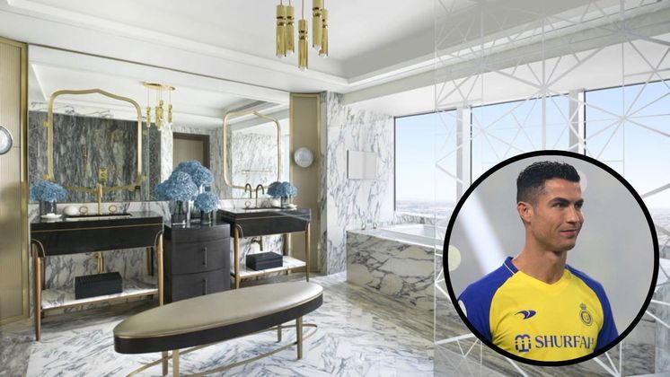 Assim como todo o quarto, o banheiro possui uma vista privilegiada para toda a capital da Arábia Saudita