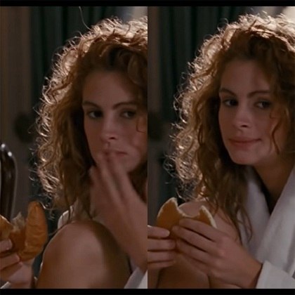 Croissant ou panqueca em “Uma Linda Mulher'' (1990): Olha a Julia Roberts aqui de novo. De um corte da cena para outro, o que está na mão dela passa de um croissant para uma panqueca do nada!