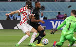 Cyle Larin, do Canadá, tenta a jogada contra dois atletas da Croácia