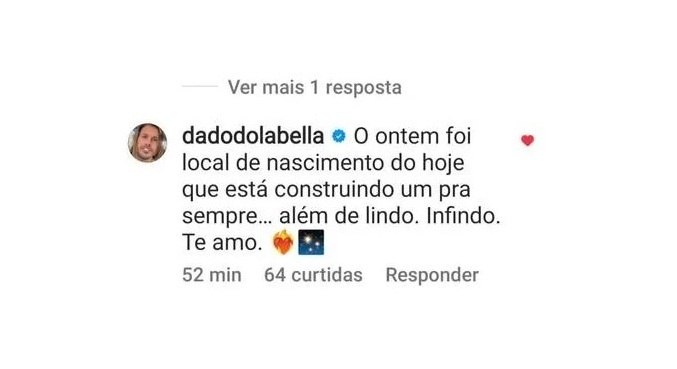 'Te amo', escreveu o artista em parte da mensagem para a cantora no Instagram
