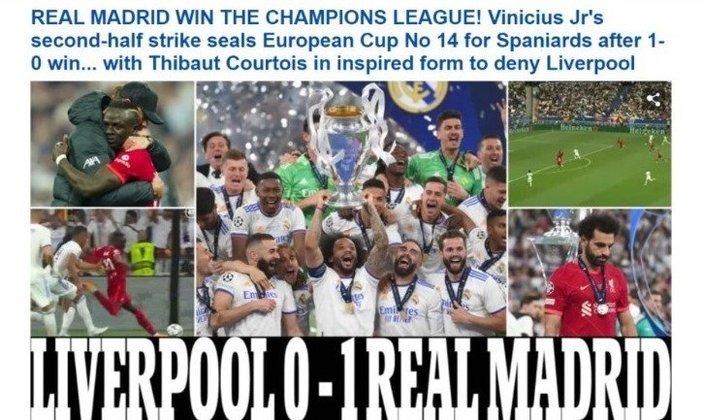 DAILY MAIL (Inglaterra): 'O gol de Vinicius Jr no segundo tempo sela a Copa da Europa nº 14 para os espanhóis após vitória por 1 a 0... com Thibaut Courtois em forma inspirada para negar o Liverpool