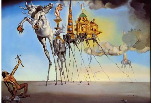 Dalí gostava de pintar temas relacionados a sonhos. Imagens oníricas em que se perde a noção de tempo e espaço. Uma figura recorrente é a do elefante com pernas gigantes, finas, como na tela 
