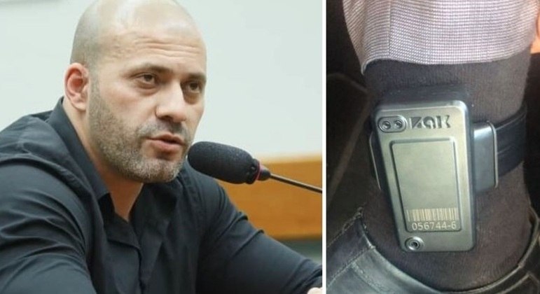 Deputado Daniel Silveira (PTB-SP) e, em detalhe, a tornozeleira eletrônica utilizada por ele