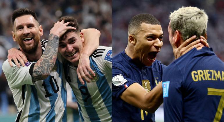 Vale o tricampeonato! Argentina e França disputam a final da Copa do Mundo neste domingo (18), ao meio-dia (de Brasília), no estádio Lusail. De um lado, Lionel Messi, aos 35 anos, em seu 'último tango' com os hermanos, quer se consagrar e trazer a taça para a Argentina. Do outro, Mbappé, com apenas 23 anos, quer pôr de vez o nome na história da França e ser campeão mundial pela segunda vez. Compare os 11 titulares de cada uma das seleções que vão em busca do título de campeões: