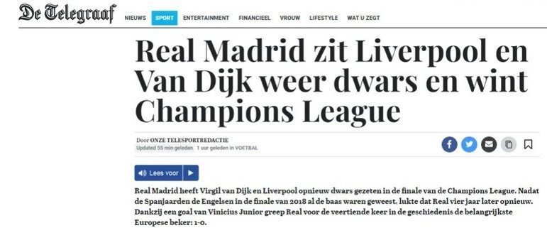 DE TELEGRAAF (HOLANDA): 'Real Madrid volta a incomodar Liverpool e Van Dijk e vence Liga dos Campeões'