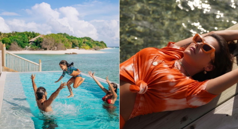 Toda a viagem da atriz foi ao lado do marido e da filha. Os três curtiram as praias paradisíacas das Maldivas e aproveitaram as boas temperaturas para brincar também na piscina: 