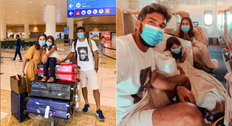 Das Maldivas, a família partiu para Dubai, nos Emirados Árabes. Eles posaram com as malas no aeroporto e também dentro do avião, prontinhos para o novo destino