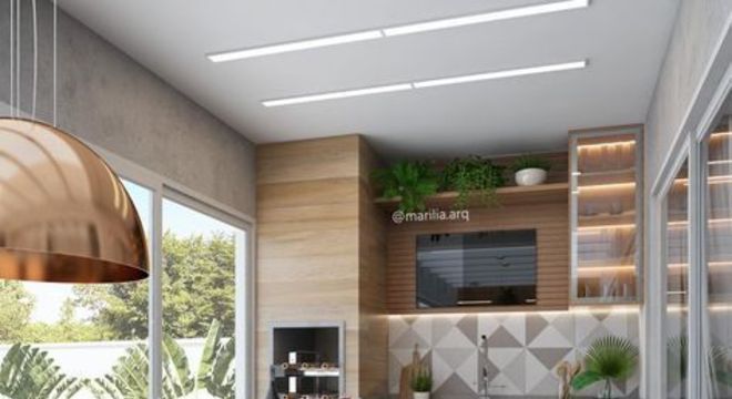 Decoração moderna na varanda com churrasqueira