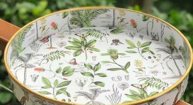 Decoupage em bandeja com estampa de natureza