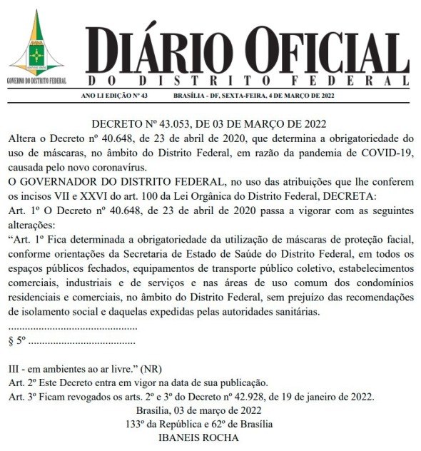 Decreto desobriga uso de máscara ao ar livre no DF
