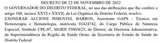 Decreto de exoneração de Alcione Pimentel Barros publicado no Diário Oficial do Distrito Federal