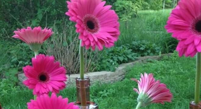 Delicados enfeites feitos com gérberas em tom rosa pink.