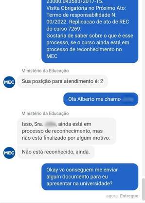 MEC confirmou à aluna que curso não era reconhecido