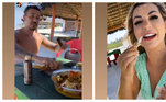 Ainda na companhia de Carlinhos Maia na praia, Deolane almoçou e foi flagrada comendo a pata de caranguejo por uma amiga 