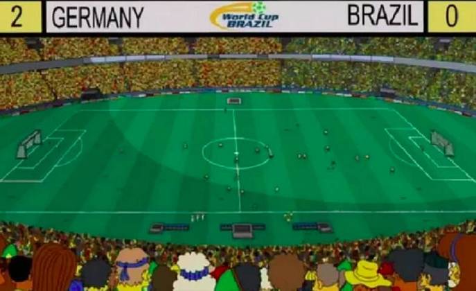 Derrota para a Alemanha na Copa: Na 25ª temporada, exibida entre 2013 e 2014, Homer é chamado para ser árbitro da Copa do Mundo. Em um determinado momento, é mostrado que a Alemanha venceu o Brasil. Pelo menos o placar foi um pouco mais modesto, só 2x0…