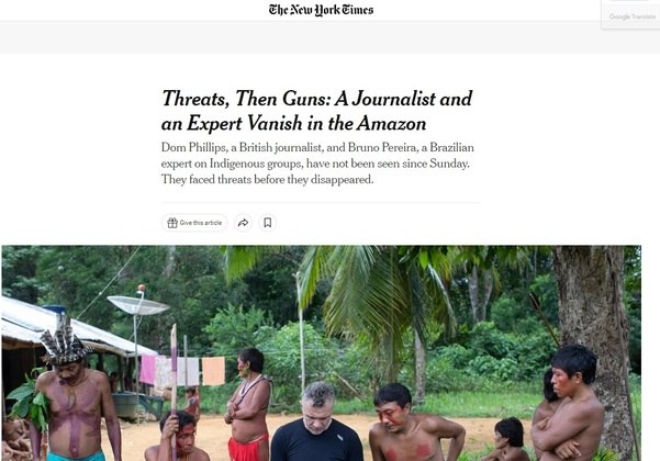 The New York Times informa sobre desaparecimento de brasileiro e de jornalista britânico