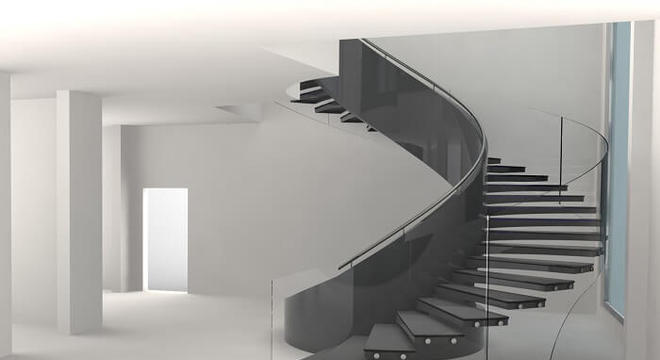 Design sofisticado dessa escada flutuante de concreto com lateral de vidro