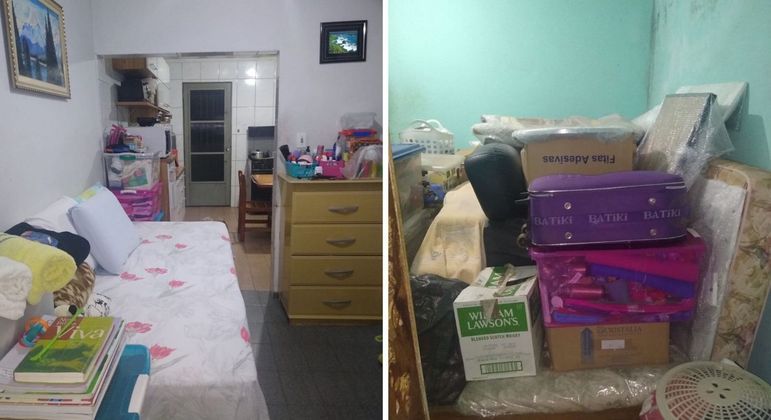 Sofá dividido por Michele e o filho, e as coisas amontoadas em caixas na casa do tio