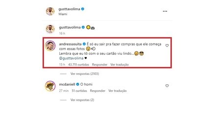 Andressa deu 'bronca' no marido por foto sem camisa
