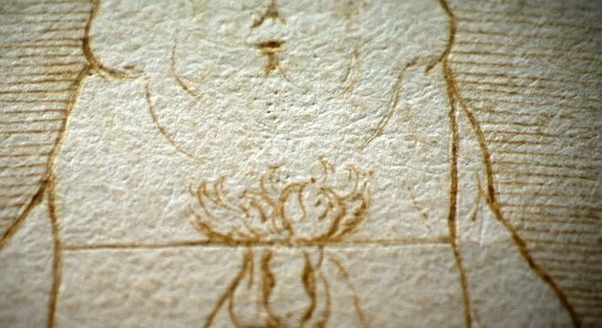 No original, raramente visto ou filmado, é possível ver as marcas que Da Vinci fez quando apoiou a bússola para fazer o círculo e o quadrado