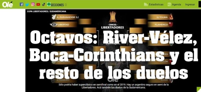 DIÁRIO OLÉ (Argentina) - 'As oitavas: River-Vélez, Boca-Corinthians e o resto dos duelos'