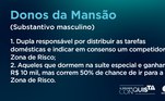 Faturar R$ 10 mil e ganhar o direito de desfrutar de uma suíte especial é com eles, os Donos da Mansão! Desde a época da Vila, quem fica no comando garante algumas regalias, mas por outro lado, passa por certas provações, como ter que definir os responsáveis pelas tarefas domésticas e correr 50% de chance de parar na Zona de Risco