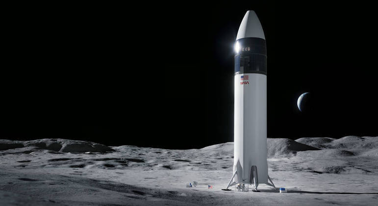 Ilustração mostra a chegada de nave da SpaceX, parceria da Nasa, à superfície da Lua