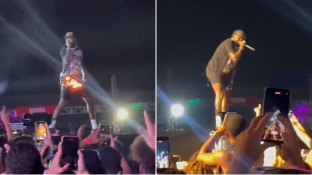 Short de Djonga pega fogo durante show e rapper fica de cueca no palco