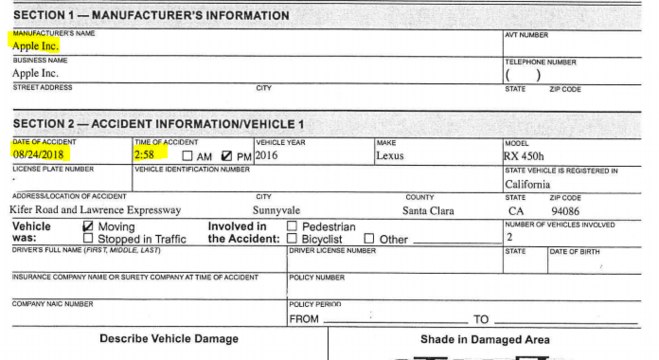 Registro do acidente envolvendo um veículo autônomo da Apple