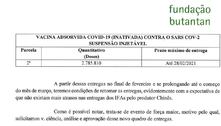 Butantan diz que vai entregar 2,78 milhões de doses até o dia 28