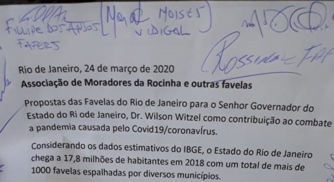 Associações de moradores apresentaram ao governador do Rio, Wilson Witzel, uma lista de propostas para o combate ao coronavírus nas favelas