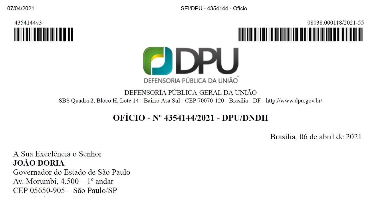 Documento mostra a intimação da Defensoria Pública da União à Doria