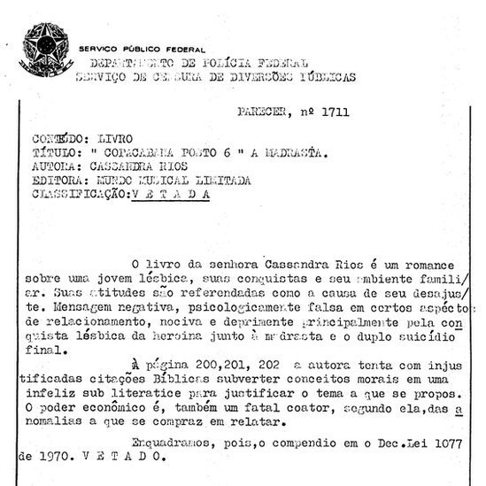 Documento oficial mostra parecer de censor vetando livro de Cassandra, 'Copacabana Posto 6'