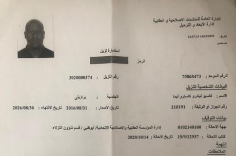Documento da prisão de Caleb em Dubai (Reprodução)
