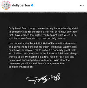 O post de Dolly Parton educadamente retirando sua nomeação ao RRHOF