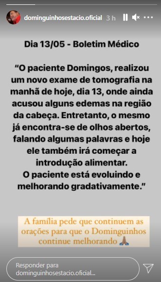 Dominguinhos do Estácio apresenta melhora gradativa
