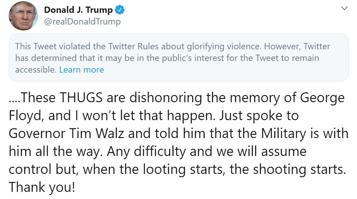 Mensagem de Trump foi censurada no Twitter por glorificar violência
