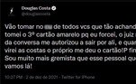 Em resposta nada diplomática, o atleta desabafou nas redes sociais e disse que o cartão tinha sido uma confusão da arbitragem. No entanto, os próprios gremistas, com vídeos do lance, desmentiram a versão do jogador