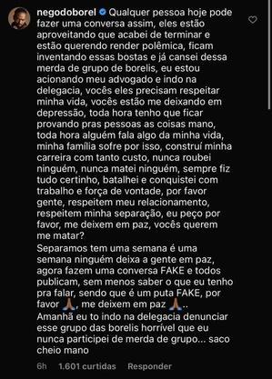 Nego do Borel sobre suposto dossiê enviado a Duda Reis: 'Querem me