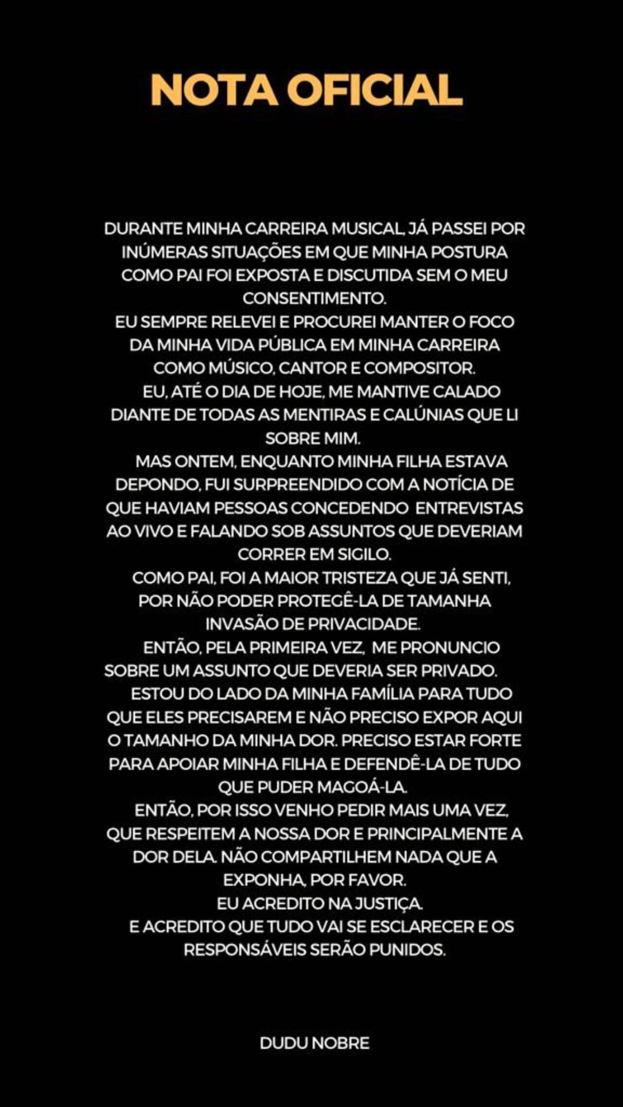 Nota de Dudu Nobre publicada nos stories do Instagram
