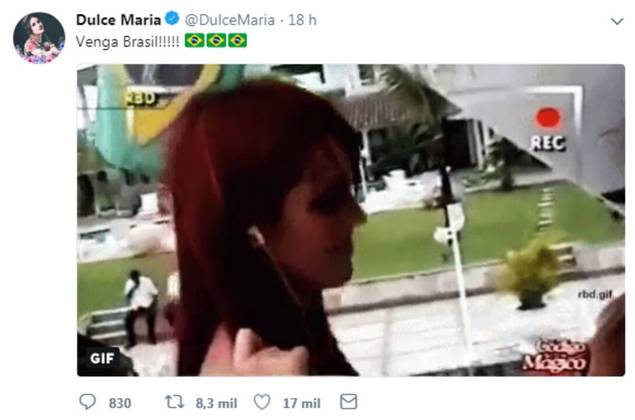 Dulce MaríaA ex-integrante do RBD foi mais uma famosa a declarar apoio ao Brasil na Copa de 2018. Apesar de a seleção ter derrotado o México nas oitavas de final, país natal da cantora, ela foi pé-frio, e os comandados de Tite perderam na fase seguinte