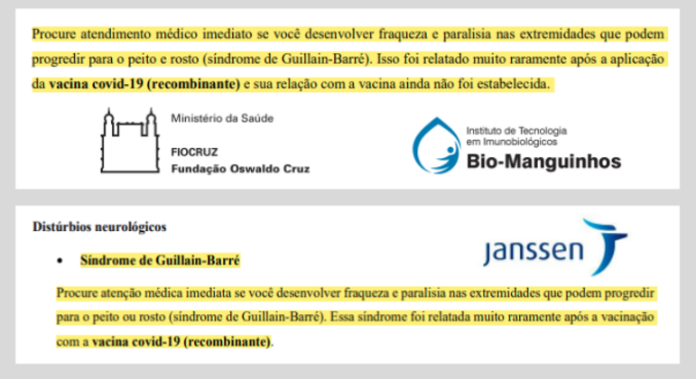 Trechos da bula das vacinas Janssen e AstraZeneca que informam sobre possíveis casos da síndrome de Guillain-Barré após a imunização
