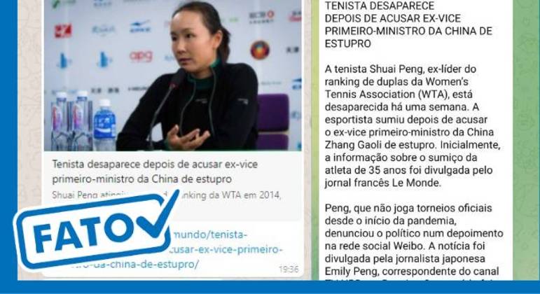 É fato que tenista chinesa, Peng Shuai, desapareceu após denunciar assédio sexual de Zhang Gaoli, político aposentado na China