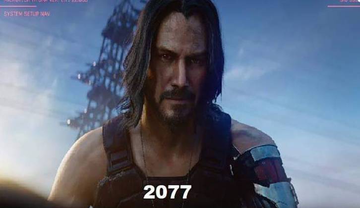 E vejam a projeção para o ano de 2077: Keanu vivinho da silva, e com a mesma cara!  Será? Tomara que estejamos lá para conferir! 